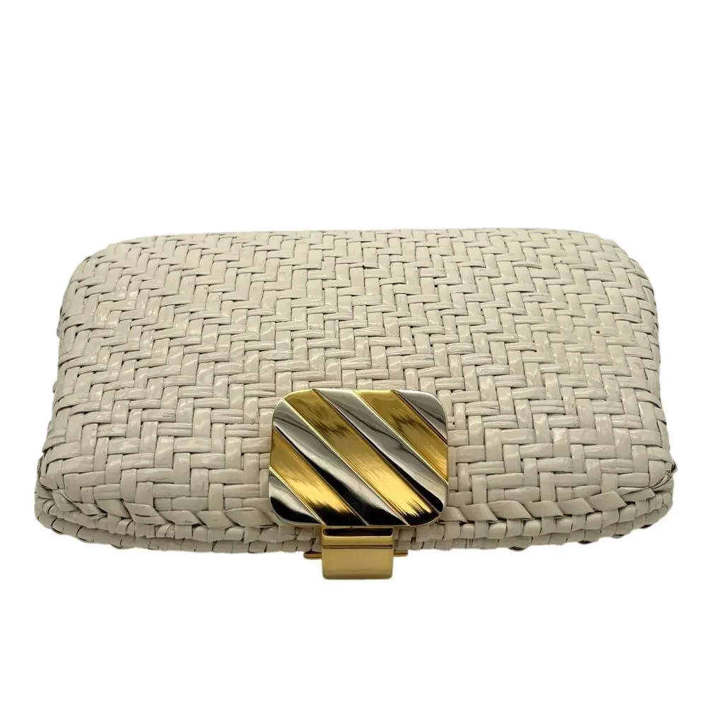 Rodo Italy Woven Cane Leather Box Clutch Ivory Gold Tone Vintage Bag